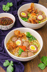 Bakso is an Indonesian meatball or a meat paste made from beef surimi. The word bakso may refer to a single meatball or the complete dish of meatball soup.