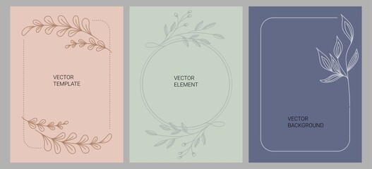 A set of creative templates in a minimal modern style with copy space for your text. Frames with leaves, flowers, geometric and natural elements for writing, postcards, cover design.