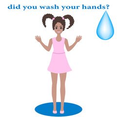 Girl with pigtails, teenager, shows hands - you washed your hands - vector. Prevention of viral bacterial infection. Personal hygiene.