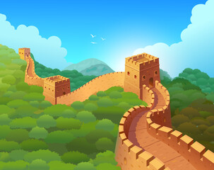 Great Wall of China in a beautiful natural landscape. Vector illustration.