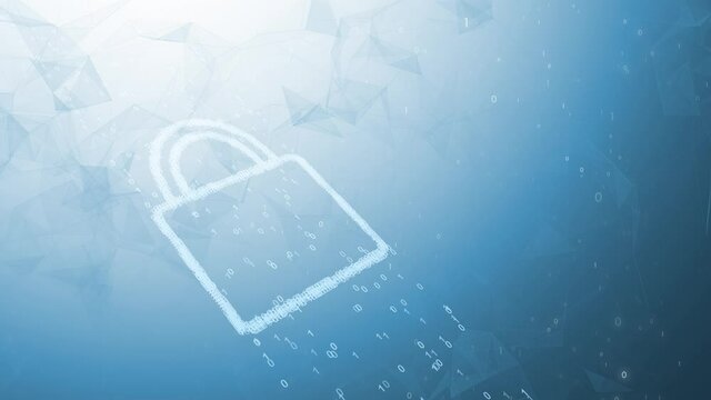 Artistic bright blue keylock made out of moving binary numbers and with geometric particles background.	