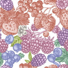 Seamless pattern with hand drawn pastel strawberry, blueberry, red currant, raspberry, blackberry