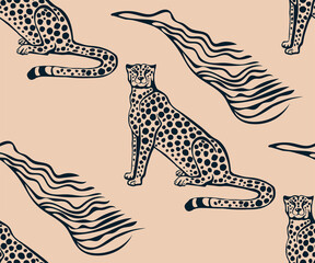 Vector background hand drawn exotic wild cat cheetah. Hand drawn ink illustration. Modern ornamental decorative background. Print for textile, cloth, wallpaper, scrapbooking