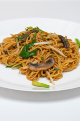 Fried noodles,Chow mein,with the addition of mushrooms and vegetables on a white plate.