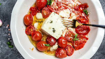 Trending Feta bake pasta recipe made of cherry tomatoes, feta cheese, garlic and thyme. Food recipe background. Close up