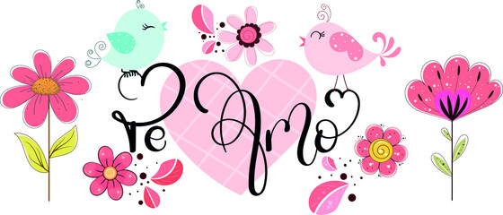 Obraz premium Heart of love vector with birds, hearts and flowers. Love you, Hearts illustration vintage. Infinity love, valentines day greeting card. 
