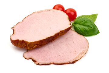 Smoked pork slices, isolated on white background. High resolution image