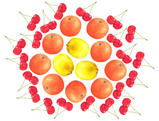 Ilustración de frutas: naranjas, cerezas y limones pintados en acuarela y en fondo blanco. Composición en círculo y concéntrica con los limones en el centro.