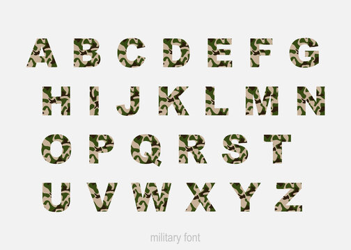 Alphabet. Military style font, camouflage.