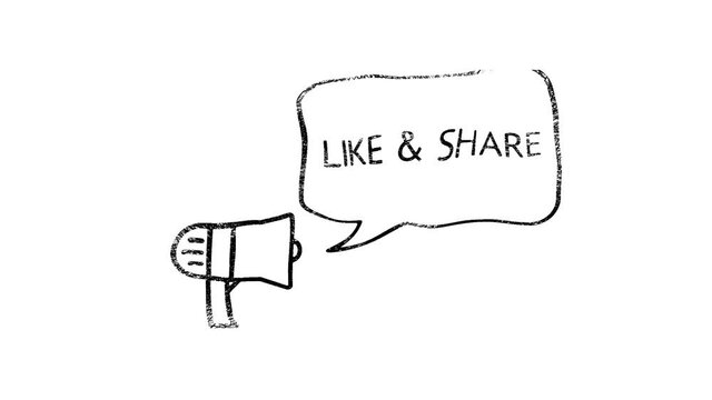 Like shere text animated megaphone with speech bubble title highlight slide closing in, chroma white screen shot.