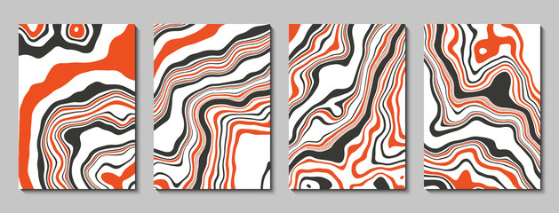 Set of cover templates. Striped fluid abstract backgrounds. Stylized marble texture in orange, white and black colors.