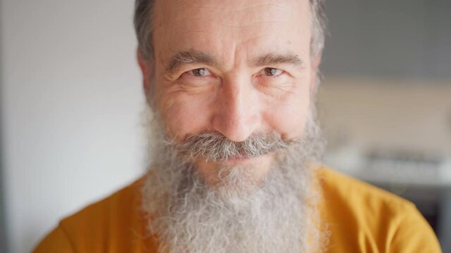 Head and shoulders portrait of handsome kind-hearted senior man with gray beard and mustache wearing yellow t-shirt, looking at camera with his dark brown eyes and smiling
