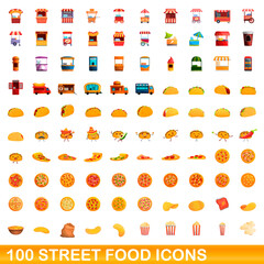 100 street food icons set. Cartoon illustration of 100 street food icons vector set isolated on white background