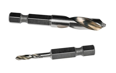 Two drill bits with hexagonal shank isolated on a white background. Close-up of sharp cutting tools from high speed steel. Metal drilling cutters to making accurate holes. Chip machining in metalwork.