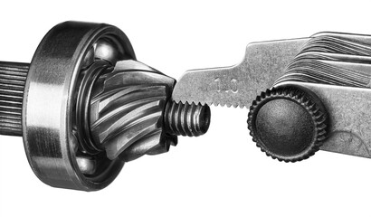 Closeup of thread pitch gauge measurement on gear wheel pinion isolated on a white background. Detail of black cogwheel and hand measuring tool for precise gauging of metric threads. Machine-building.