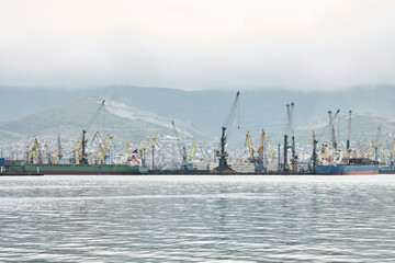  General view of the water area of the sea cargo port in rainy weather. Copy space.