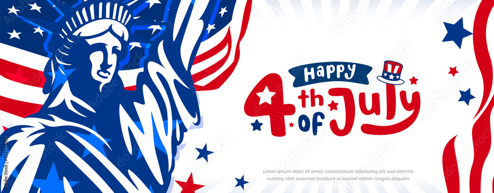 Sticker Happy 4th of July fluffy hand-lettering design with stars, American hat ribbon on the trendy USA waving flag and statue of liberty background.
