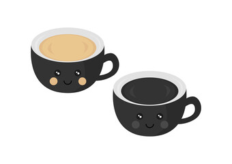 illustration of black coffee and coffee latte with cute and adorable faces in a simple and modern design