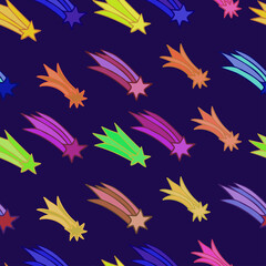 Seamless abstract vector pattern with colorful falling stars in pastel colors on blue
