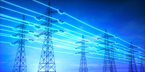Electricity transmission towers with glowing wires against blue sky - Energy concept - 432925015