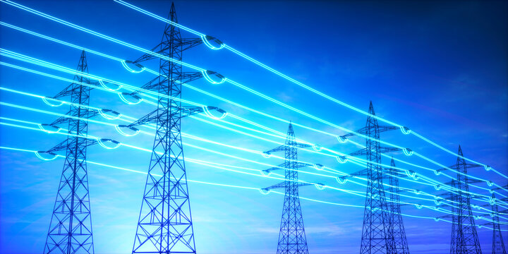 Electricity transmission towers with glowing wires against blue sky - Energy concept