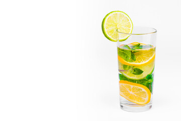 Cocktail isolated on white background. Lemon, lime and mint cocktail.