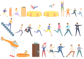 Human evacuation icons set. Cartoon set of human evacuation vector icons for web design