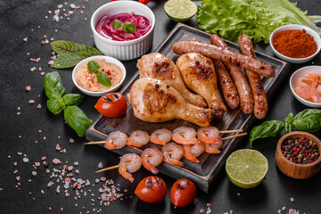 Composition of sausages, chicken, pork and shrimp prepared on grill, as well as vegetables prepared on grill with spices and herbs