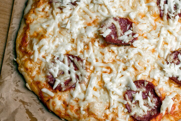 Pizza. Homemade pizza with cheese and sausage.