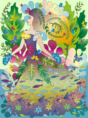 Obraz na płótnie Canvas Girl Nature Fantasy clipart. Fantastic world with underwater and fishes. Butterfly and plants harmony