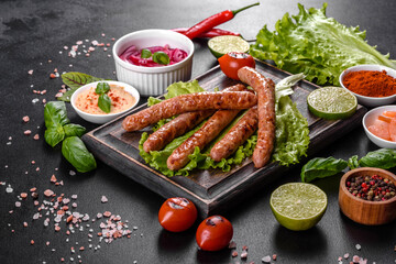 Tasty grilled sausages with spices and herbs on a wooden board on a dark concrete background