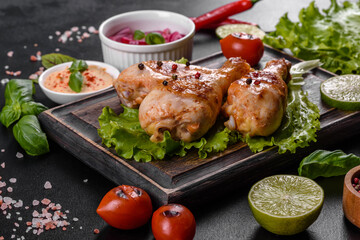 Tasty grilled chicken legs with spices and herbs on a wooden board on a dark concrete background