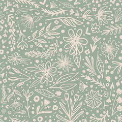 Doodled vector botany elements seamless pattern. Different plants like flowers, branches, leaves, berries, hearts and dots random placed all over print on sage green background.
