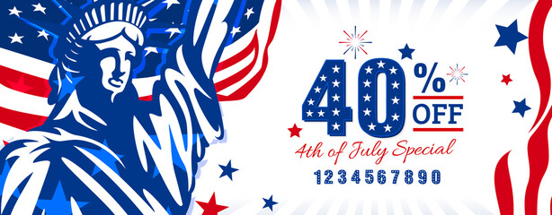 USA 4th of July special sale, offer discount, promotional design with additional numbers to use on the trendy USA waving flag and statue of liberty background.
