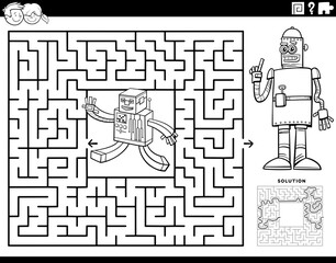 maze game with cartoon robots coloring book page