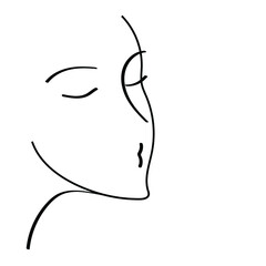 Fototapeta premium Vector graphics-contour drawing with a black thick line of a beautiful female young face close-up with closed eyes on a white background isolated. Concept beauty salon