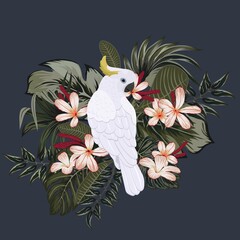 Tropical vintage palm leaves, banana leaves, cockatoo parrot, pattern black background. Exotic jungle wallpaper. © Natalia