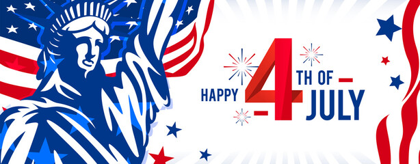 Happy 4th of July design with modern design with a firework on the trendy USA waving flag and statue of liberty background.
