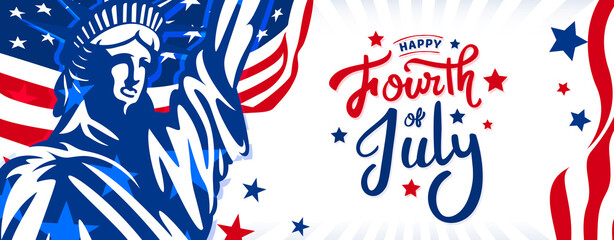 Happy fourth of July trendy custom hand-lettering, typography design with stars on the trendy USA waving flag and statue of liberty background.  © Tajuddin