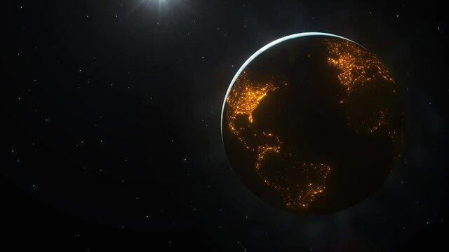 4k video 3D Rendered Animation of the Space Flight Around Planet Earth. View from space on dark side of the Earth. Bright city llight from outer space. Elements of this image furnished by NASA
