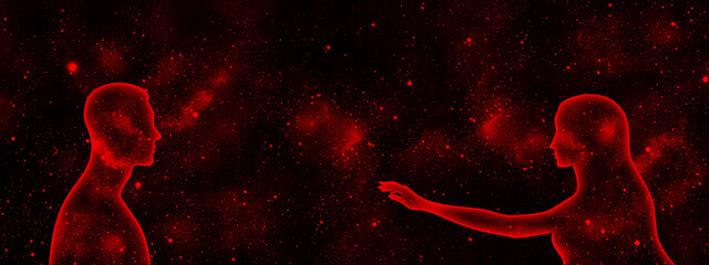 Red space woman and man on a background of red starry universe
