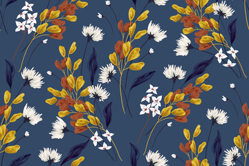 Fototapeta na wymiar Seamless floral pattern. Randomly arranged white flowers, blue and yellow leaves on a dark background. Vector.
