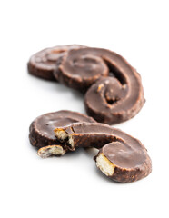 Sweet pastry palmeritas with chocolate icing.