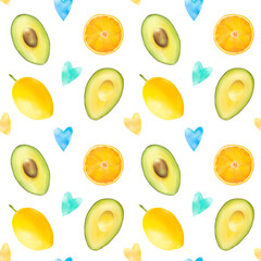 Fruit pattern seamless avocado, lemon, orange for paper, textile, fabric, factor, card
