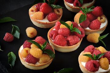 Delicious summer tartlets with raspberries and yoghurt. Yellow and red raspberries. Healthy dessert. Keto dessert. - obrazy, fototapety, plakaty