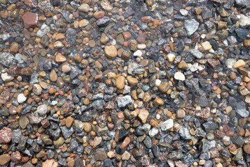 the water washes the multi-colored pebbles on the shore. flat lay.