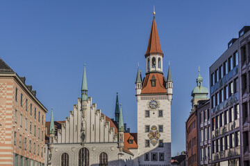 Old Town Hall (Altes Rathaus, 1470 - 1480) building at Marienplatz square in Munich. Munich is the capital and largest city of the German state of Bavaria.
