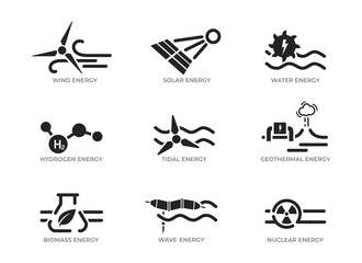 Sustainable, renewable and green energy icon set. environment, eco friendly and alternative power symbols