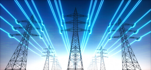 Electricity transmission towers with glowing wires against blue sky - Energy concept - obrazy, fototapety, plakaty