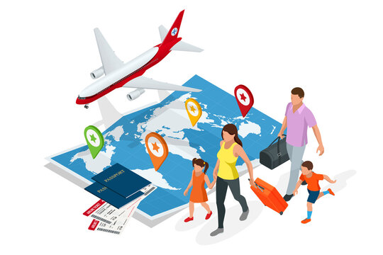 Isometric Business travel and tourism concept. Air tickets or boarding pass, passports on world map. Buying or booking online tickets. Family travel.